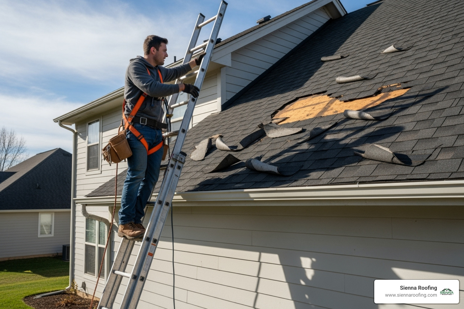 roofer on ladder using safety harness inspecting curling and missing asphalt shingles on a roof - affordable roof repair roofer on ladder using safety harness inspecting curling and missing asphalt shingles on a roof - affordable roof repair