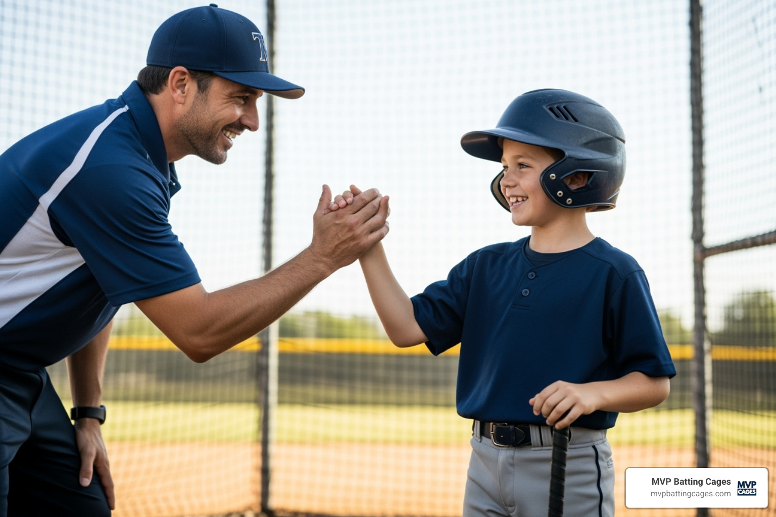 A coach giving a young player a high-five in a batting cage, celebrating a good hit. - batting cage startup costs A coach giving a young player a high-five in a batting cage, celebrating a good hit. - batting cage startup costs