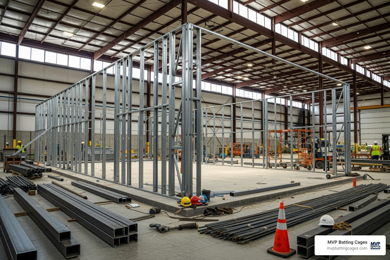 A large, open warehouse space with the steel frame of a batting cage under construction, demonstrating the early stages of building an indoor facility. - batting cage startup costs A large, open warehouse space with the steel frame of a batting cage under construction, demonstrating the early stages of building an indoor facility. - batting cage startup costs