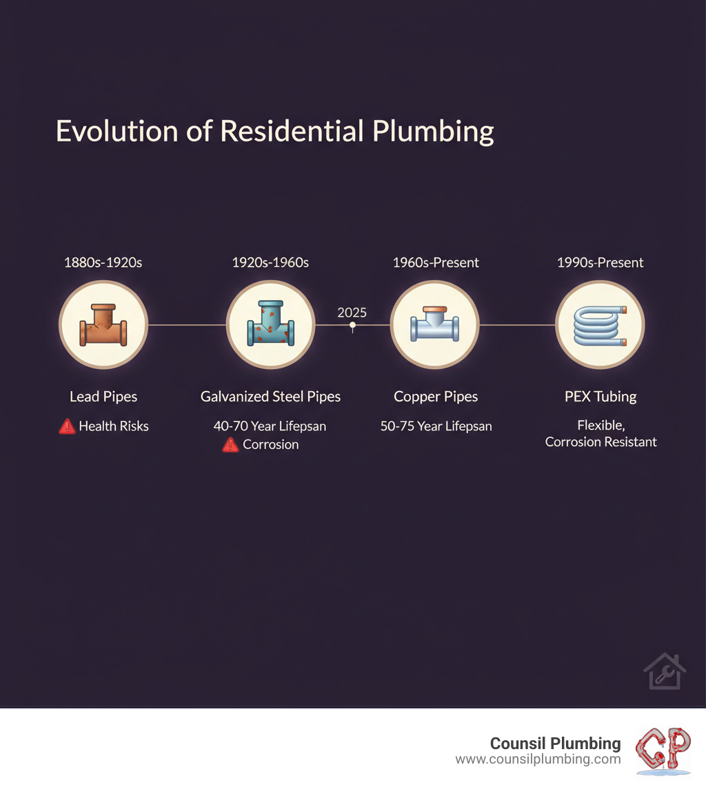 Infographic showing the evolution of residential plumbing materials: Lead pipes used from 1880s-1920s with health risks, Galvanized steel pipes from 1920s-1960s with 40-70 year lifespan and eventual corrosion, Copper pipes from 1960s-present with 50-75 year lifespan, and PEX tubing from 1990s-present with flexible installation and corrosion resistance - Galvanized pipe replacement infographic Infographic showing the evolution of residential plumbing materials: Lead pipes used from 1880s-1920s with health risks, Galvanized steel pipes from 1920s-1960s with 40-70 year lifespan and eventual corrosion, Copper pipes from 1960s-present with 50-75 year lifespan, and PEX tubing from 1990s-present with flexible installation and corrosion resistance - Galvanized pipe replacement infographic