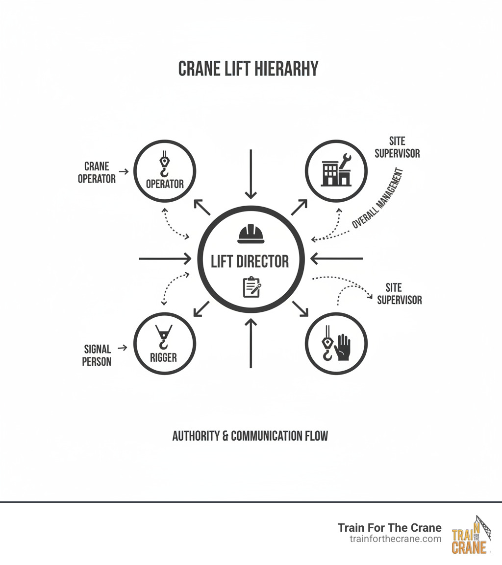 Infographic showing the hierarchy and relationships of key personnel in a crane lift operation: The Lift Director at the center coordinating with four other roles - the Crane Operator (controls the crane), the Rigger (prepares and attaches the load), the Signal Person (communicates between operator and director), and the Site Supervisor (overall site management). Arrows indicate communication flow with the Lift Director having authority over all lifting activities. - lift director services infographic 
