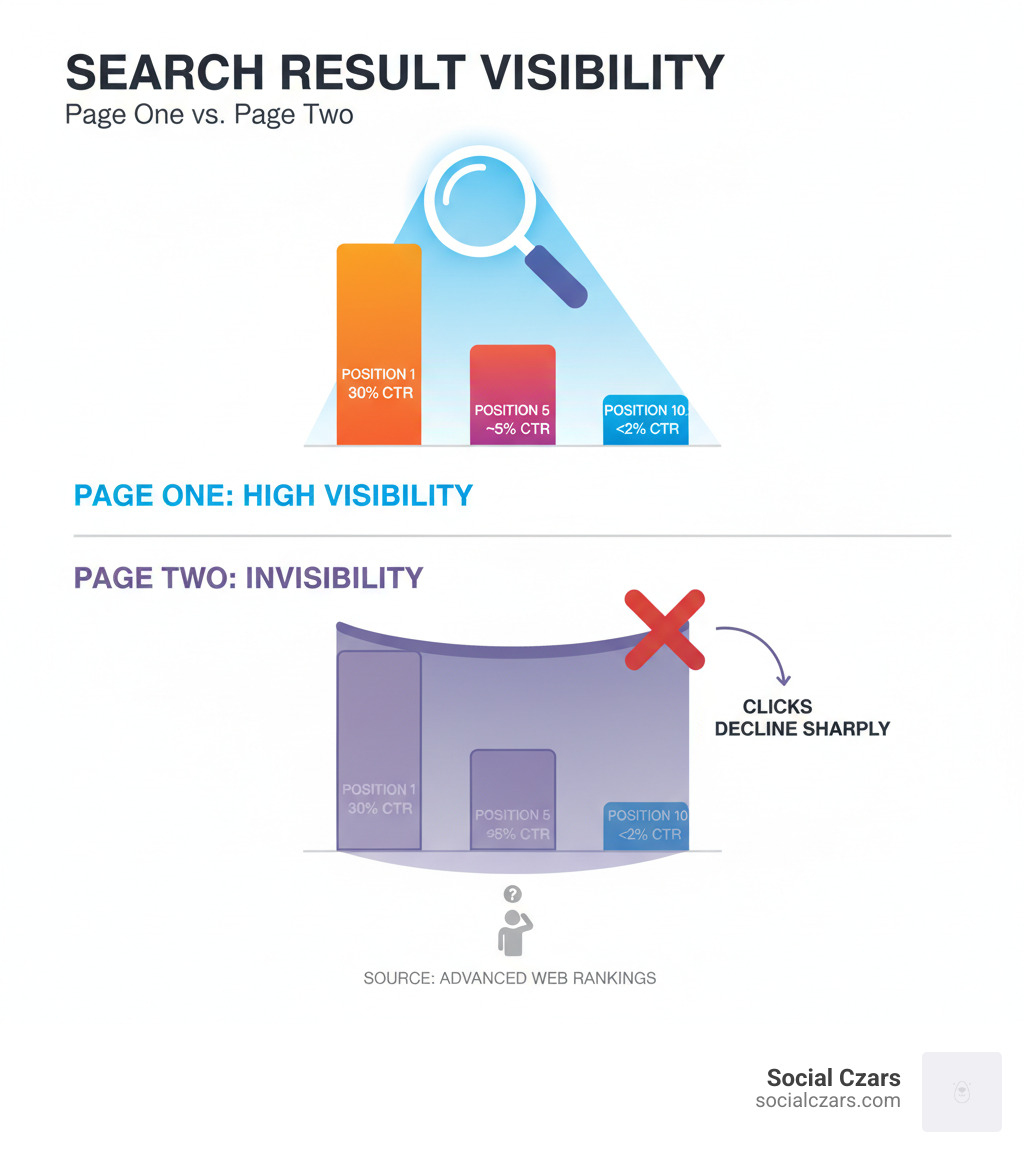infographic showing click-through rates declining from 30% for position 1 to under 2% for position 10, with visual representation of page one visibility versus page two invisibility - how to get rid of negative google search results infographic infographic showing click-through rates declining from 30% for position 1 to under 2% for position 10, with visual representation of page one visibility versus page two invisibility - how to get rid of negative google search results infographic