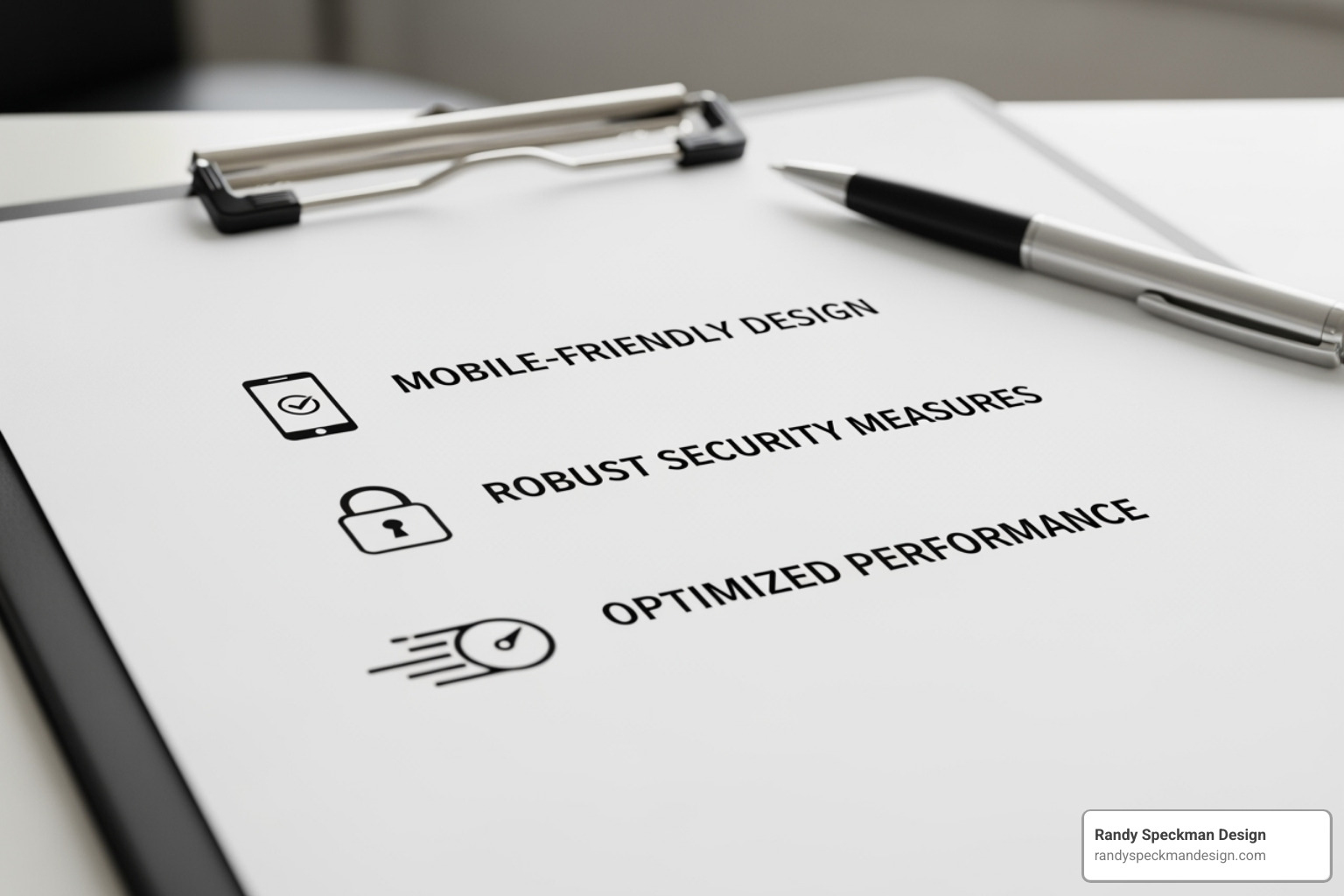 checklist with items like "Mobile-Friendly", "Secure", and "Fast" - Affordable Websites checklist with items like "Mobile-Friendly", "Secure", and "Fast" - Affordable Websites