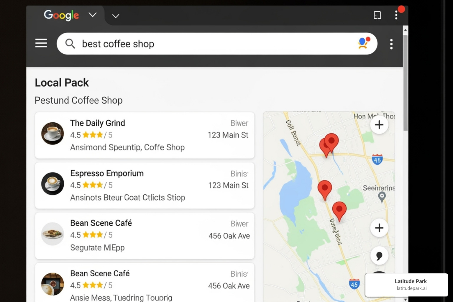 Google search results page showing the "Local Pack" with businesses and their star ratings - benefits of Google reviews Google search results page showing the "Local Pack" with businesses and their star ratings - benefits of Google reviews