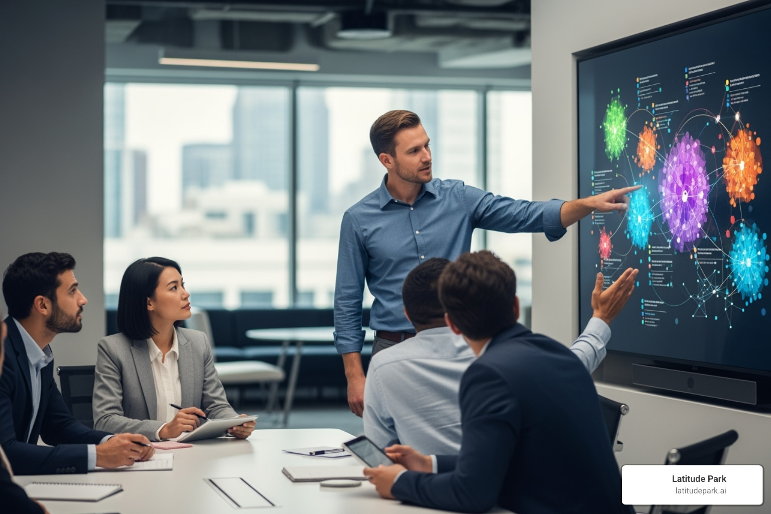 Team meeting, pointing at a screen displaying customer feedback themes from reviews - benefits of Google reviews Team meeting, pointing at a screen displaying customer feedback themes from reviews - benefits of Google reviews