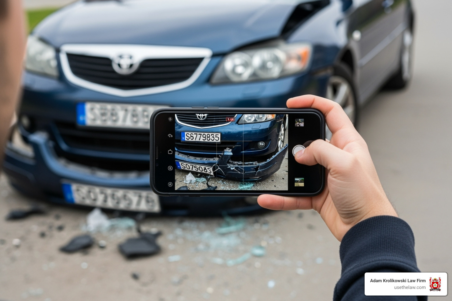 person using their phone to photograph vehicle damage and a license plate - motorcycle accident lawyer santa ana