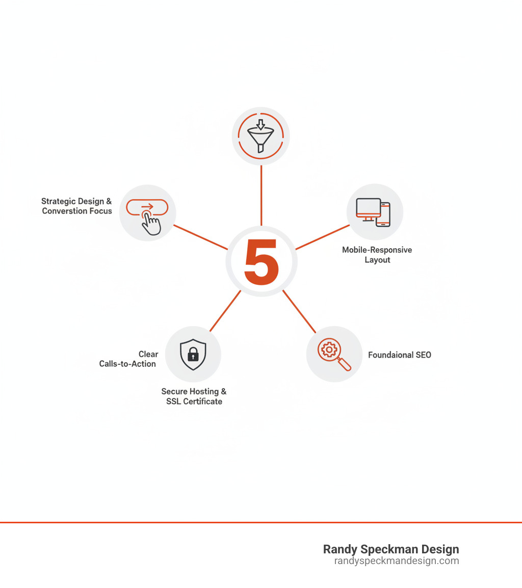 infographic showing the five essential components of an affordable website: strategic design focused on conversion, mobile-responsive layout for all devices, foundational SEO for search visibility, secure hosting with SSL certificate, and clear calls-to-action that guide visitors to take action - Affordable Websites infographic infographic showing the five essential components of an affordable website: strategic design focused on conversion, mobile-responsive layout for all devices, foundational SEO for search visibility, secure hosting with SSL certificate, and clear calls-to-action that guide visitors to take action - Affordable Websites infographic