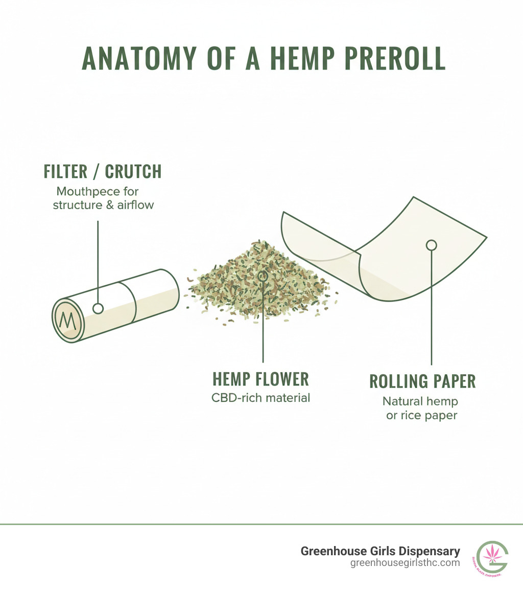 Infographic showing the anatomy of a hemp preroll with labeled components: hemp flower (the core cannabinoid-rich material), rolling paper (natural hemp or rice paper wrapper), and filter/crutch (the mouthpiece that provides structure and airflow) - hemp prerolls infographic Infographic showing the anatomy of a hemp preroll with labeled components: hemp flower (the core cannabinoid-rich material), rolling paper (natural hemp or rice paper wrapper), and filter/crutch (the mouthpiece that provides structure and airflow) - hemp prerolls infographic