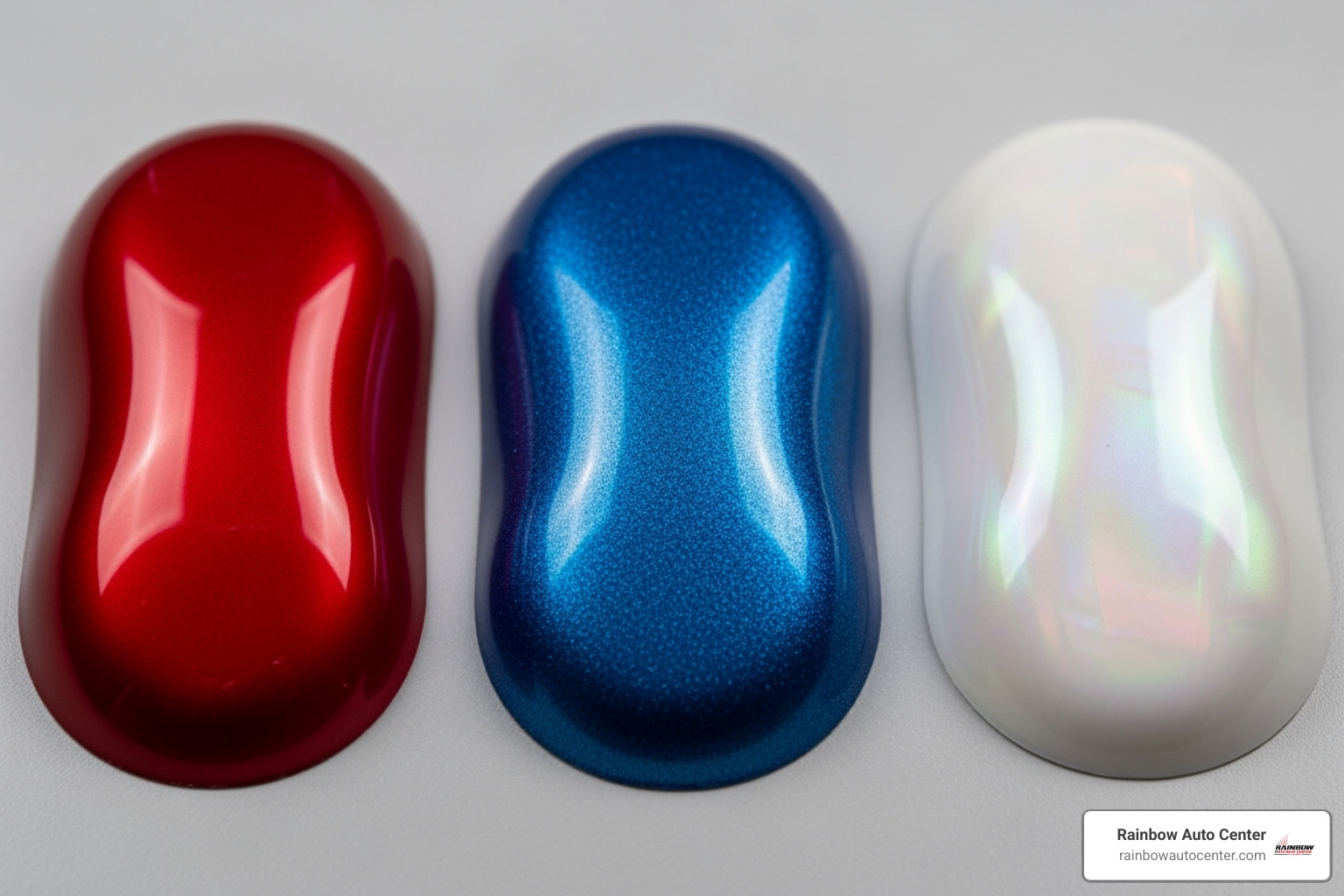 side by side comparison of solid metallic and pearlescent paint chips - high quality car paint