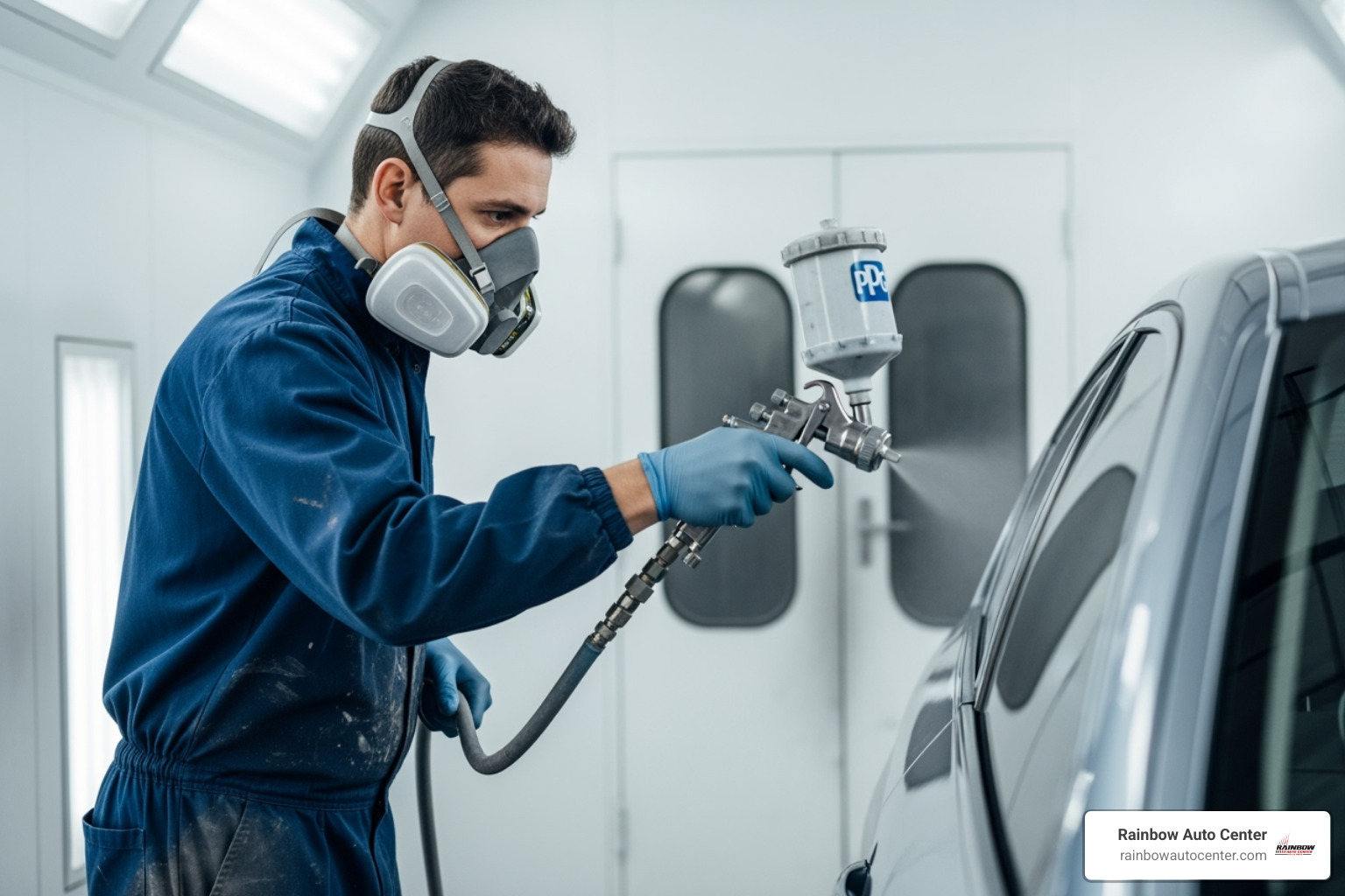 technician painting car with PPG system in spray booth - high quality car paint
