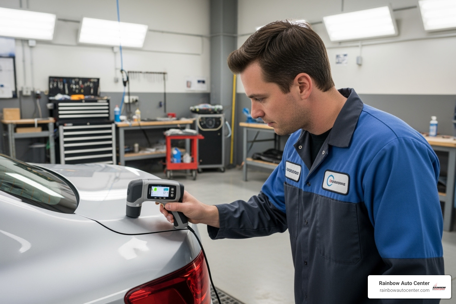 technician using spectrophotometer to scan car paint - high quality car paint
