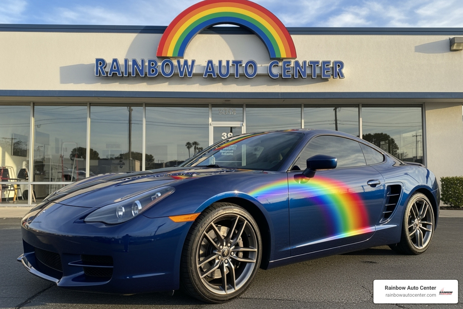 Rainbow Auto Center exterior with freshly painted car - high quality car paint