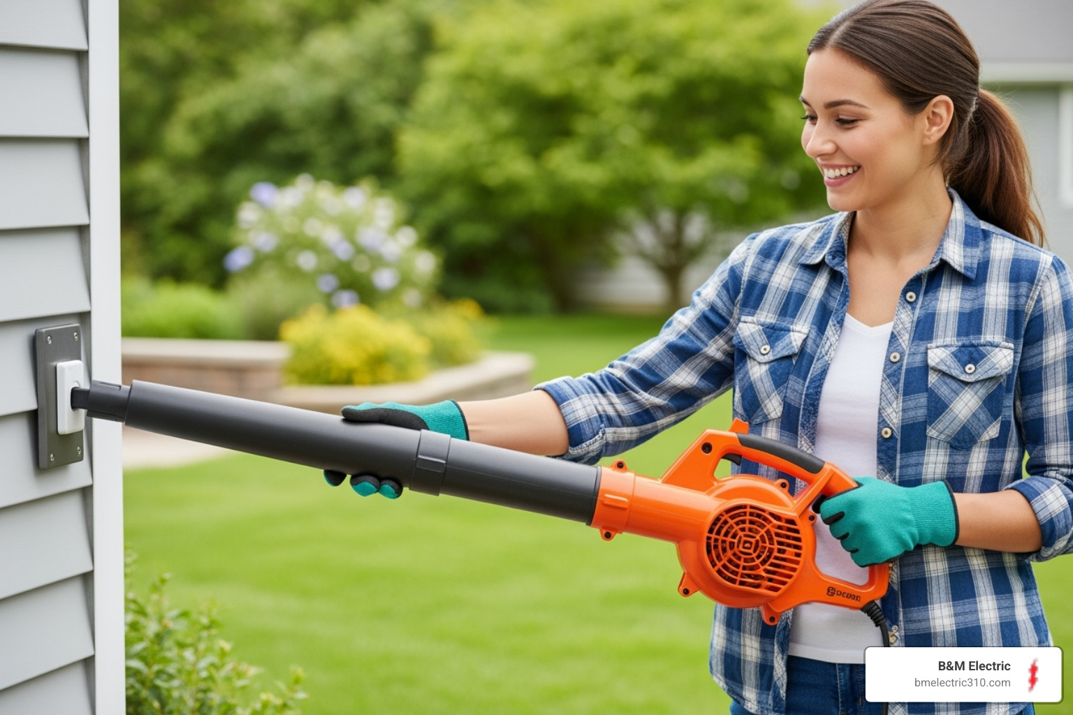 A homeowner happily plugs a leaf blower into a dedicated outdoor electrical outlet, illustrating the ease and convenience of outdoor power. - outdoor outlets installation torrance