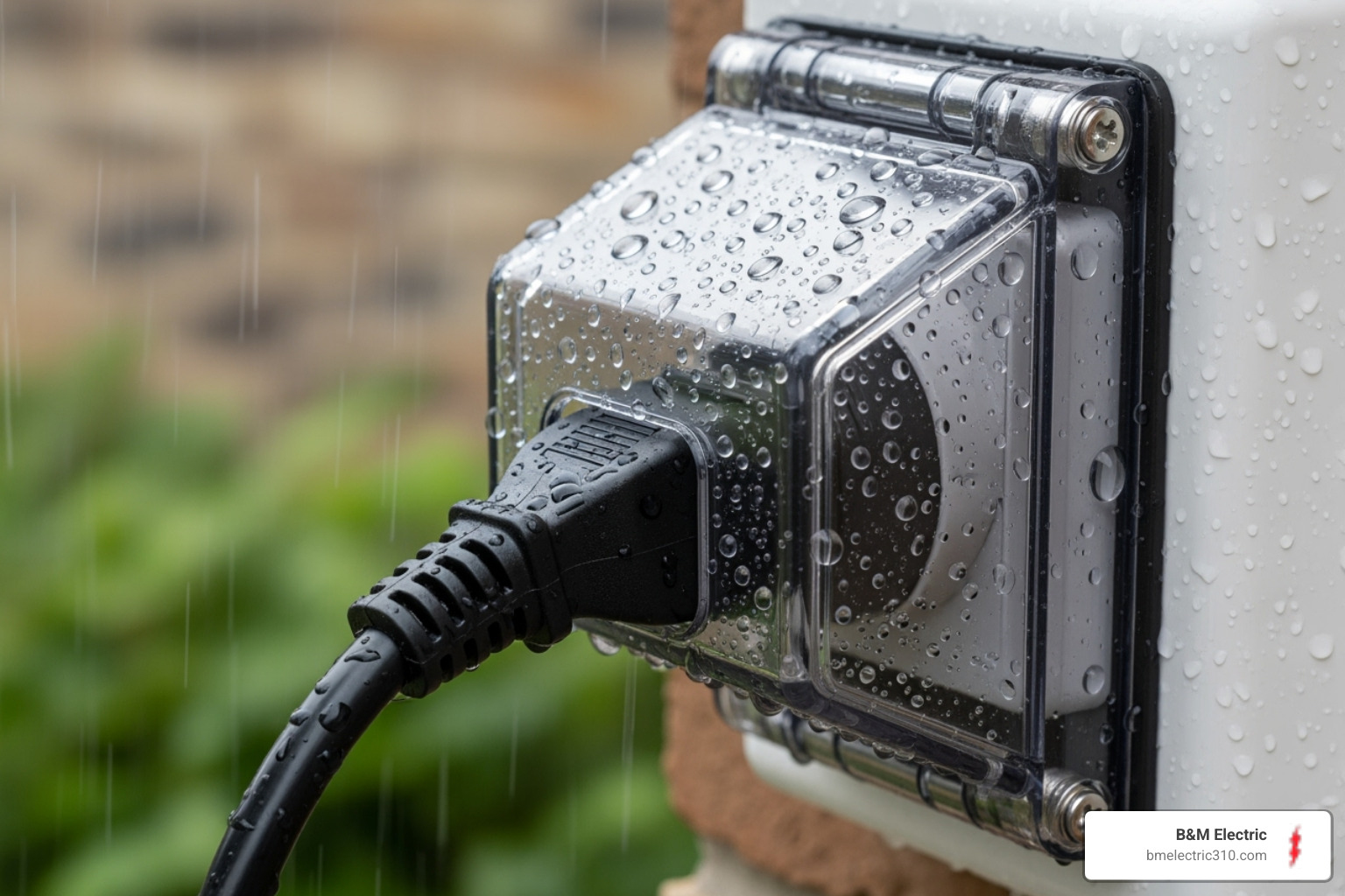 A close-up image shows a weatherproof, in-use outlet cover, securely protecting an electrical plug from rain and environmental exposure. - outdoor outlets installation torrance