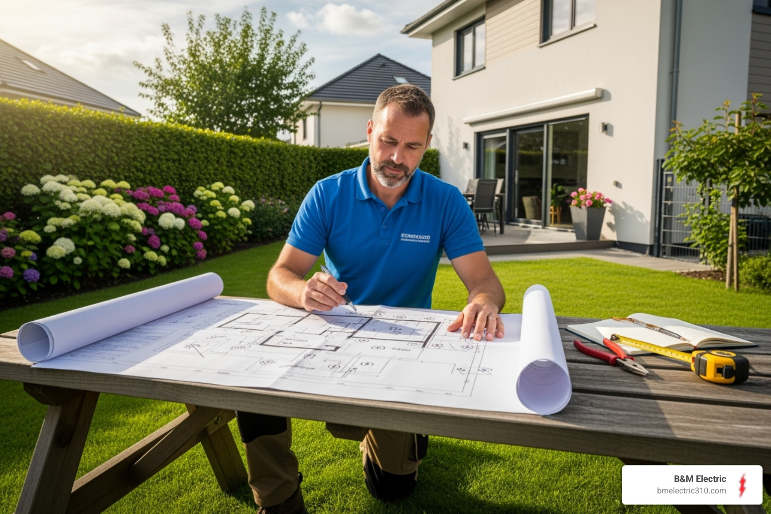 An electrician uses a blueprint of a backyard to meticulously plan the optimal locations for new outdoor electrical outlets, ensuring both functionality and adherence to safety standards. - outdoor outlets installation torrance