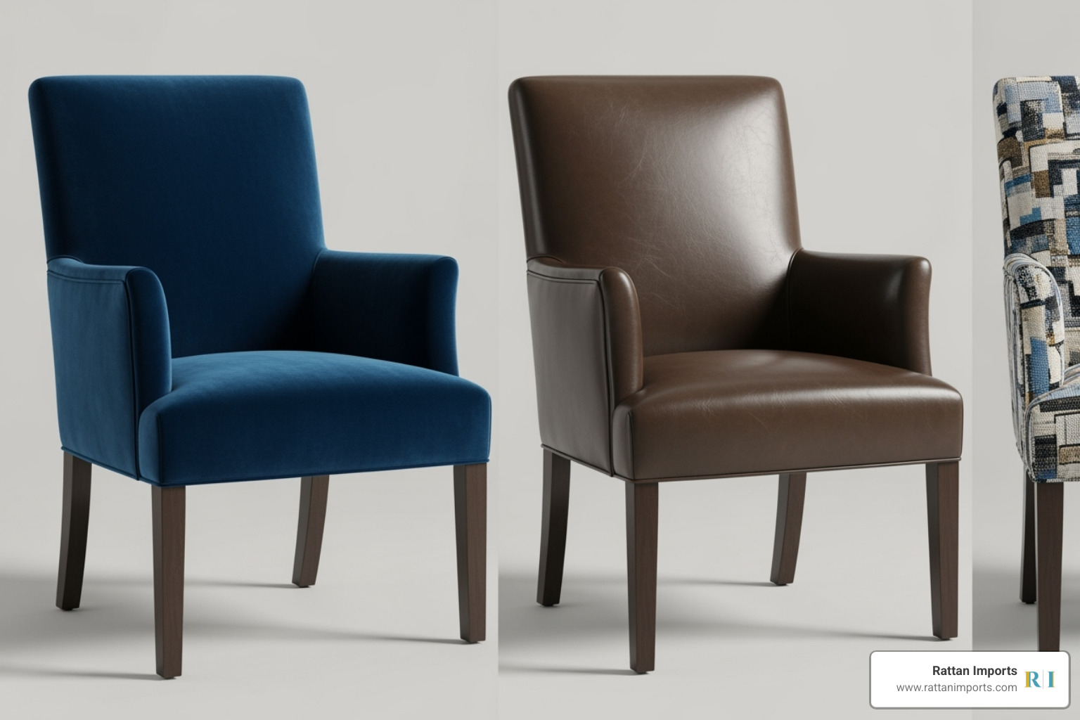 Collage of Parsons chairs with arms in various materials: velvet, leather, and patterned fabric - parsons chair with arms