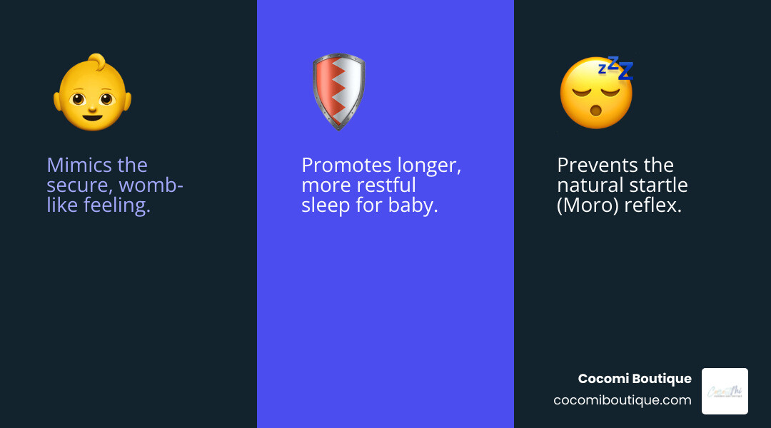 infographic showing three key benefits of swaddling: a baby in the womb representing 'Mimics the Womb Environment', a baby with arms secured showing 'Prevents Startle Reflex', and a peacefully sleeping baby illustrating 'Promotes 2-4 Hours Longer Sleep' - newborn blanket swaddle infographic 3_facts_emoji_blue