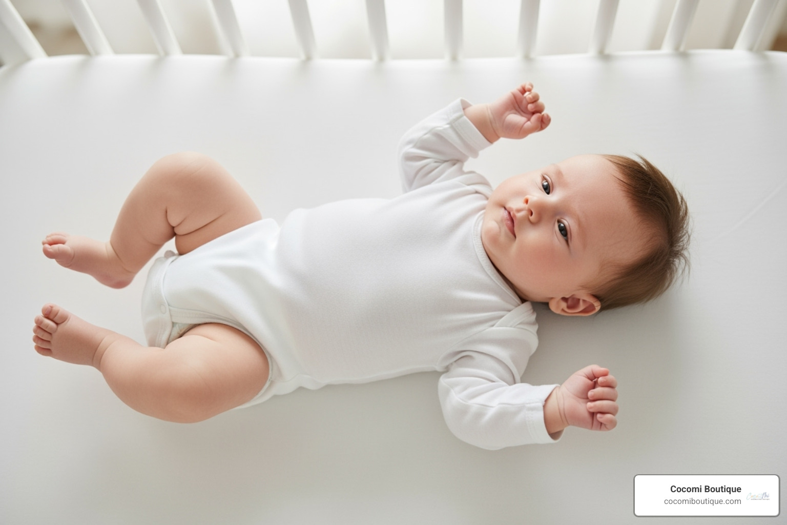 older baby attempting to roll over while on their back - newborn blanket swaddle