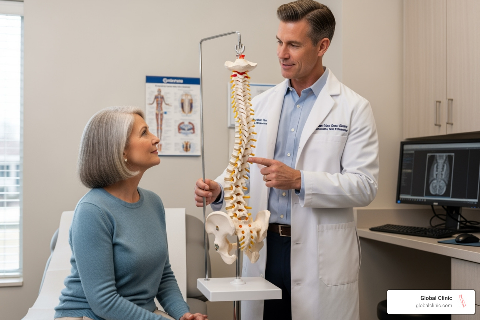 doctor explaining a spinal model to a patient - pain clinics in my area