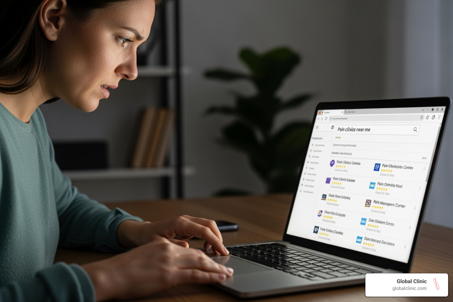 person on a laptop searching for clinics - pain clinics in my area