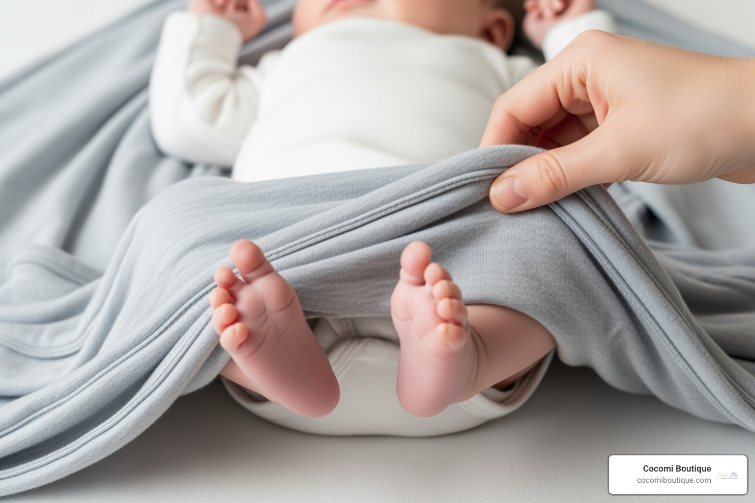 bottom corner of the blanket being folded up over the baby's feet, leaving room for legs to bend - newborn blanket swaddle