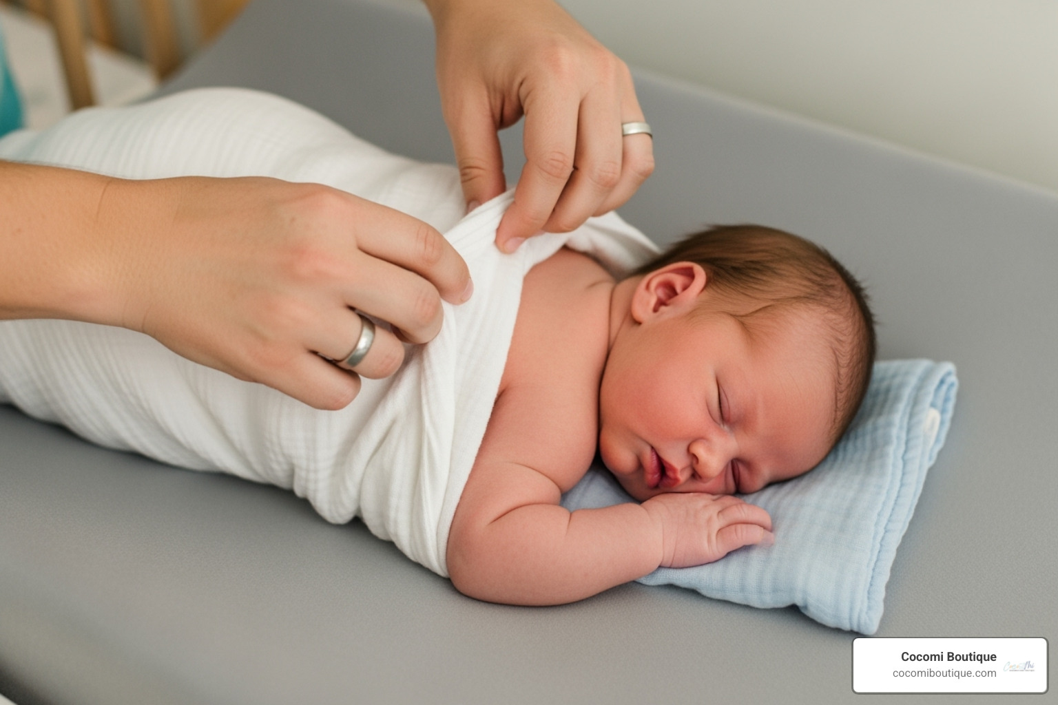 right arm being straightened and the final corner wrapped across the baby's body and secured - newborn blanket swaddle
