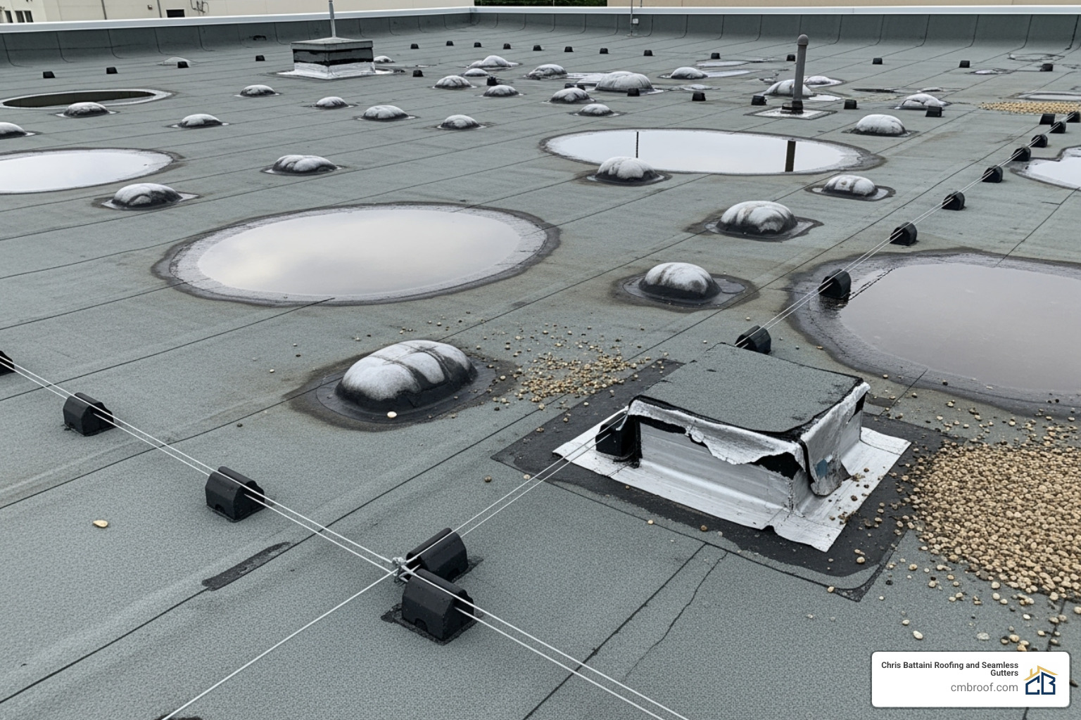 Common roof problems like membrane blistering, ponding water, and damaged flashing. - commercial roof inspection services Common roof problems like membrane blistering, ponding water, and damaged flashing. - commercial roof inspection services