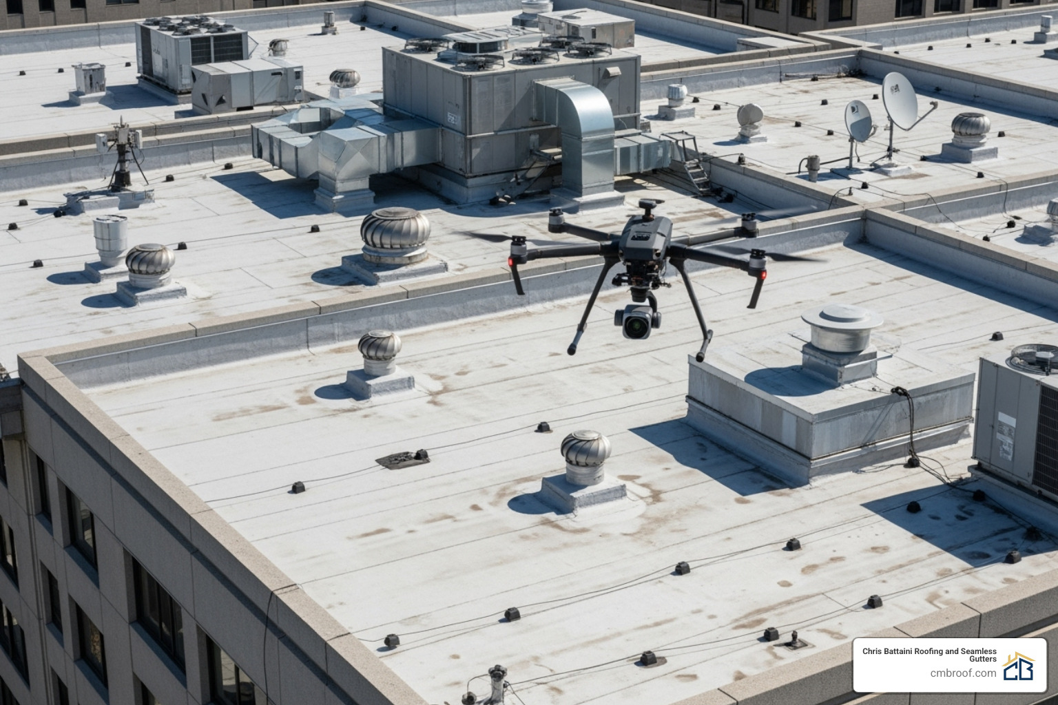 A drone inspecting a large, complex commercial roof. - commercial roof inspection services A drone inspecting a large, complex commercial roof. - commercial roof inspection services
