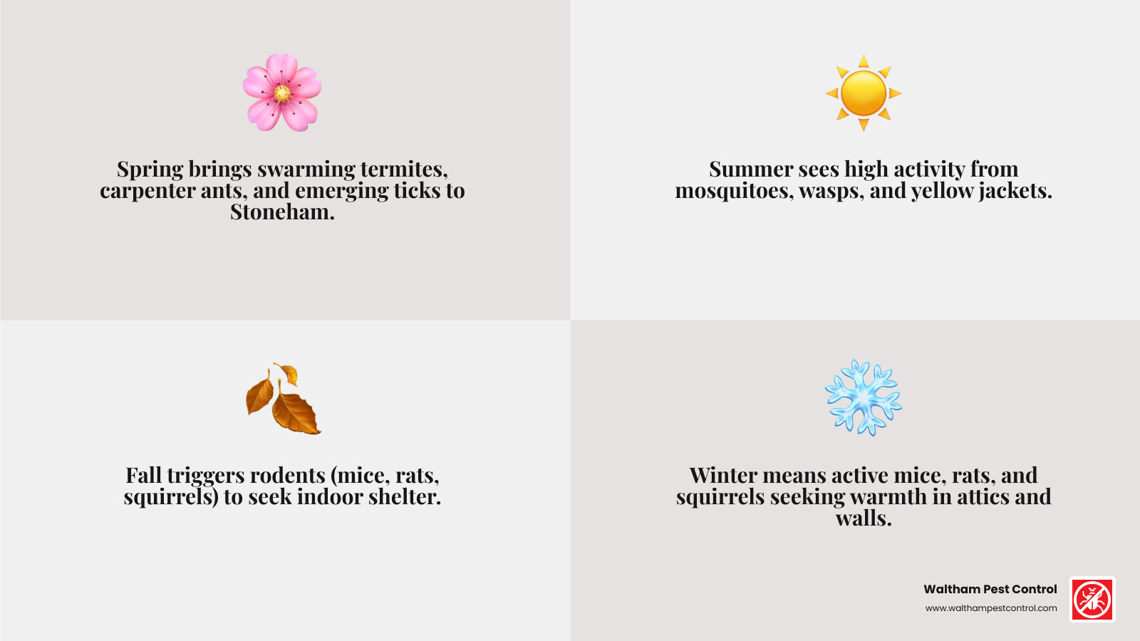Seasonal pest activity calendar for Stoneham MA showing spring termites and carpenter ants, summer ticks and mosquitoes, fall rodents and wasps, and winter mice and squirrels with prevention tips for each season - pest control in stoneham ma infographic 4_facts_emoji_grey