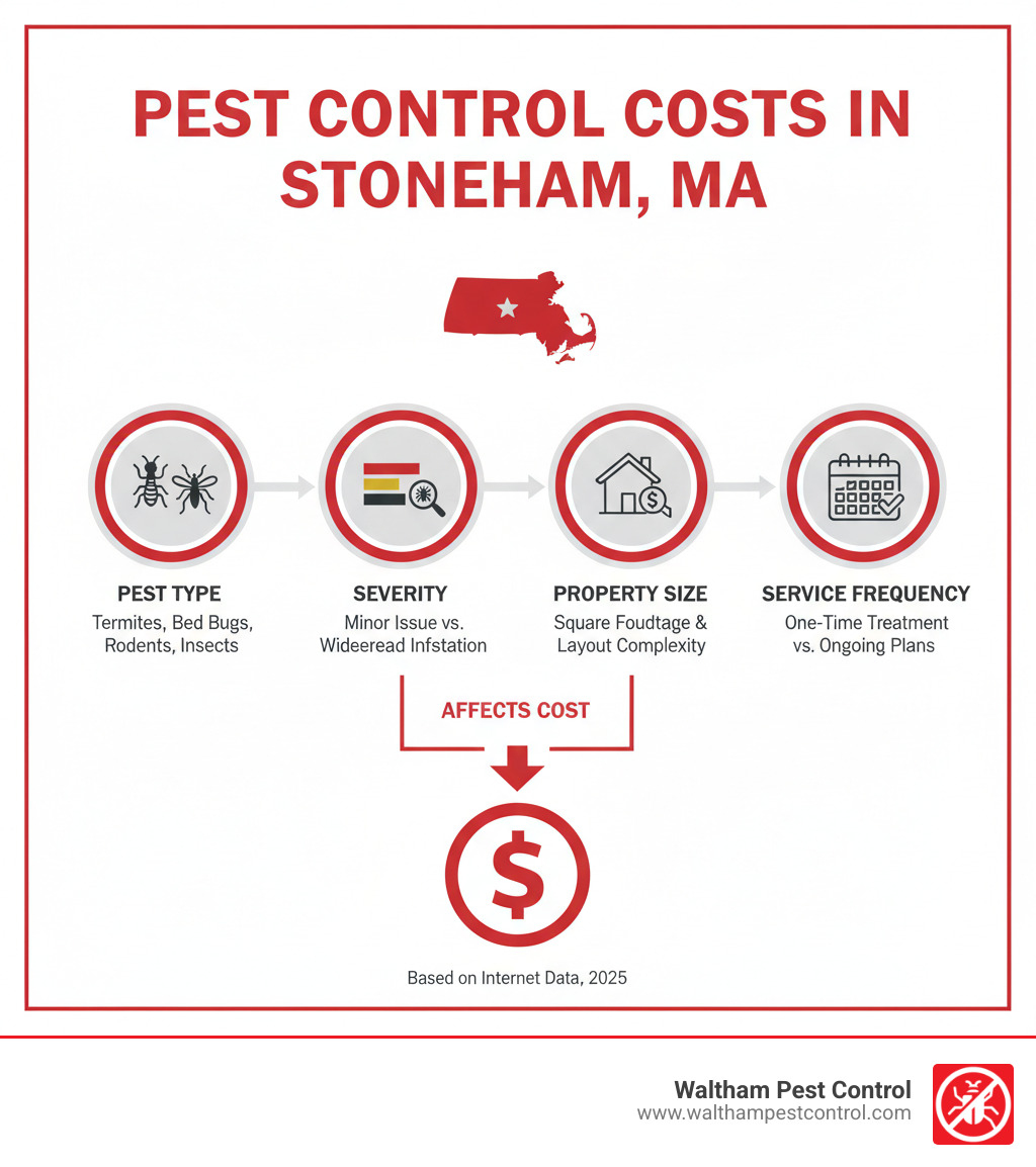 Infographic showing factors affecting pest control costs in Stoneham MA, including pest type, severity, property size, and service frequency - pest control stoneham ma infographic 