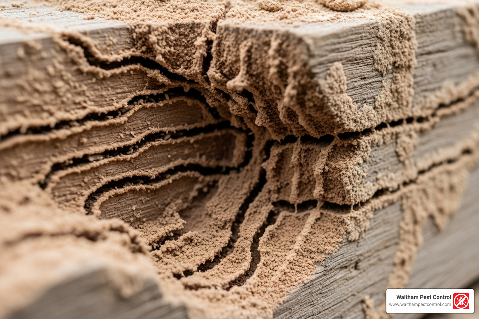 Termite damage to a wooden beam - pest control stoneham ma