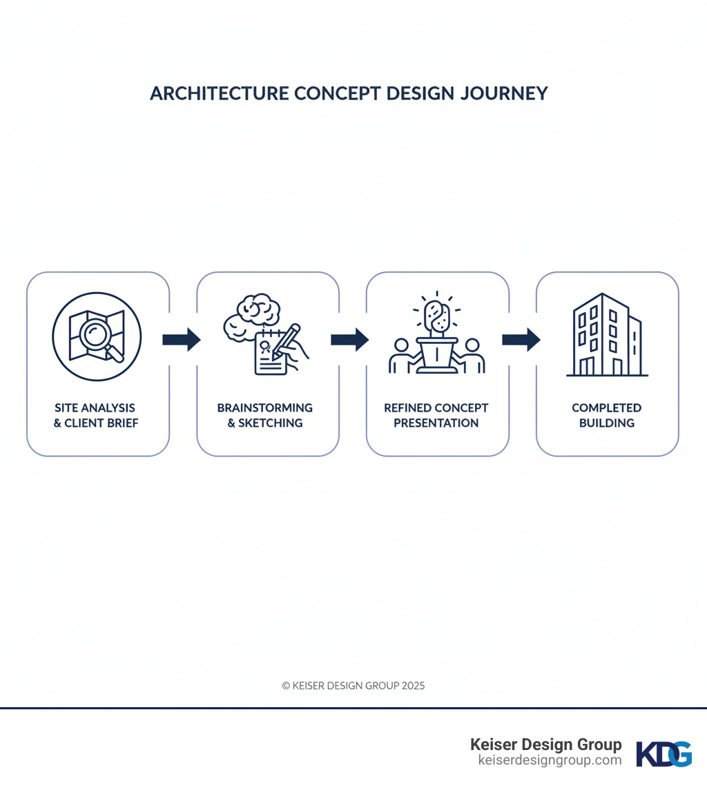 Infographic showing the journey from initial site analysis and client brief through brainstorming and sketching, to refined concept presentation, and finally to a completed building, with each stage labeled and connected by arrows - architecture concept design infographic 