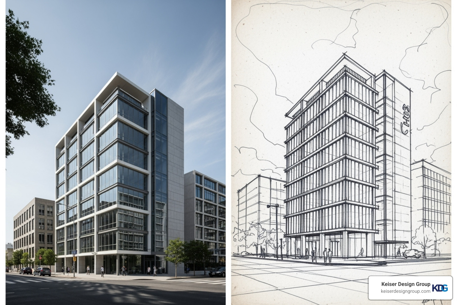 finished building next to its original concept sketch - architecture concept design