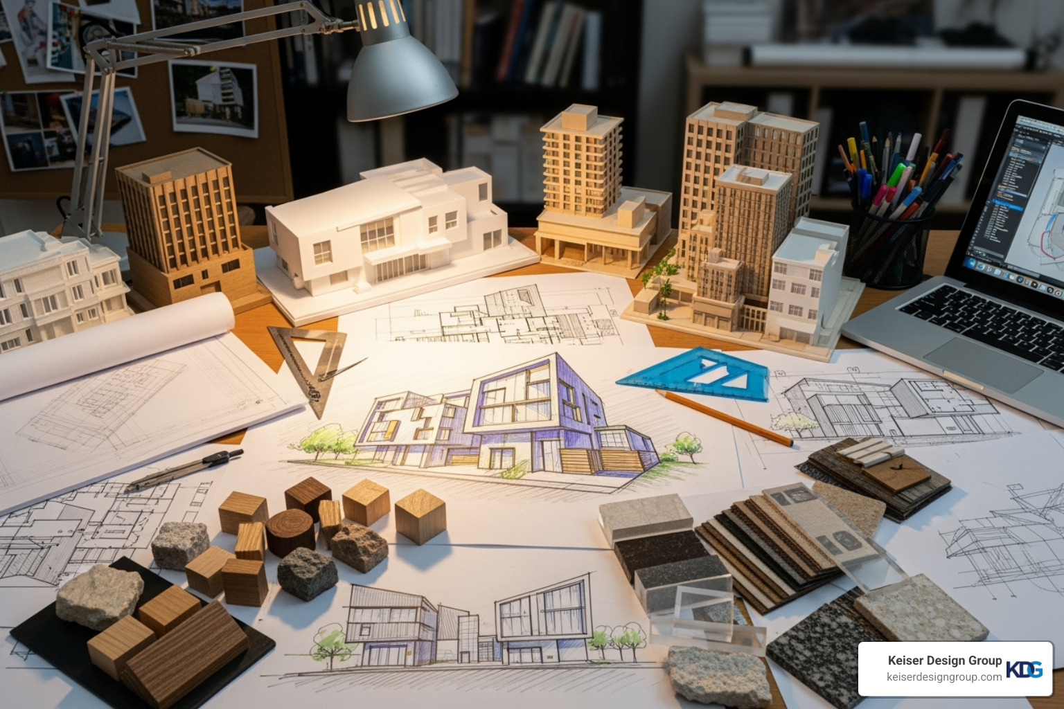 architect's desk with sketches, models, and material samples - architecture concept design