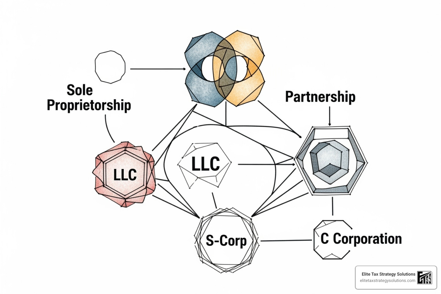 Flowchart showing different business structures (Sole Proprietorship, Partnership, LLC, S-Corp, C-Corp) - Family business tax planning Flowchart showing different business structures (Sole Proprietorship, Partnership, LLC, S-Corp, C-Corp) - Family business tax planning