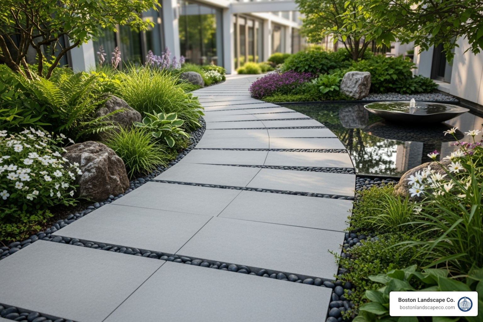 modern walkway using large format pavers mixed with dark river stones - Curved walkway ideas modern walkway using large format pavers mixed with dark river stones - Curved walkway ideas