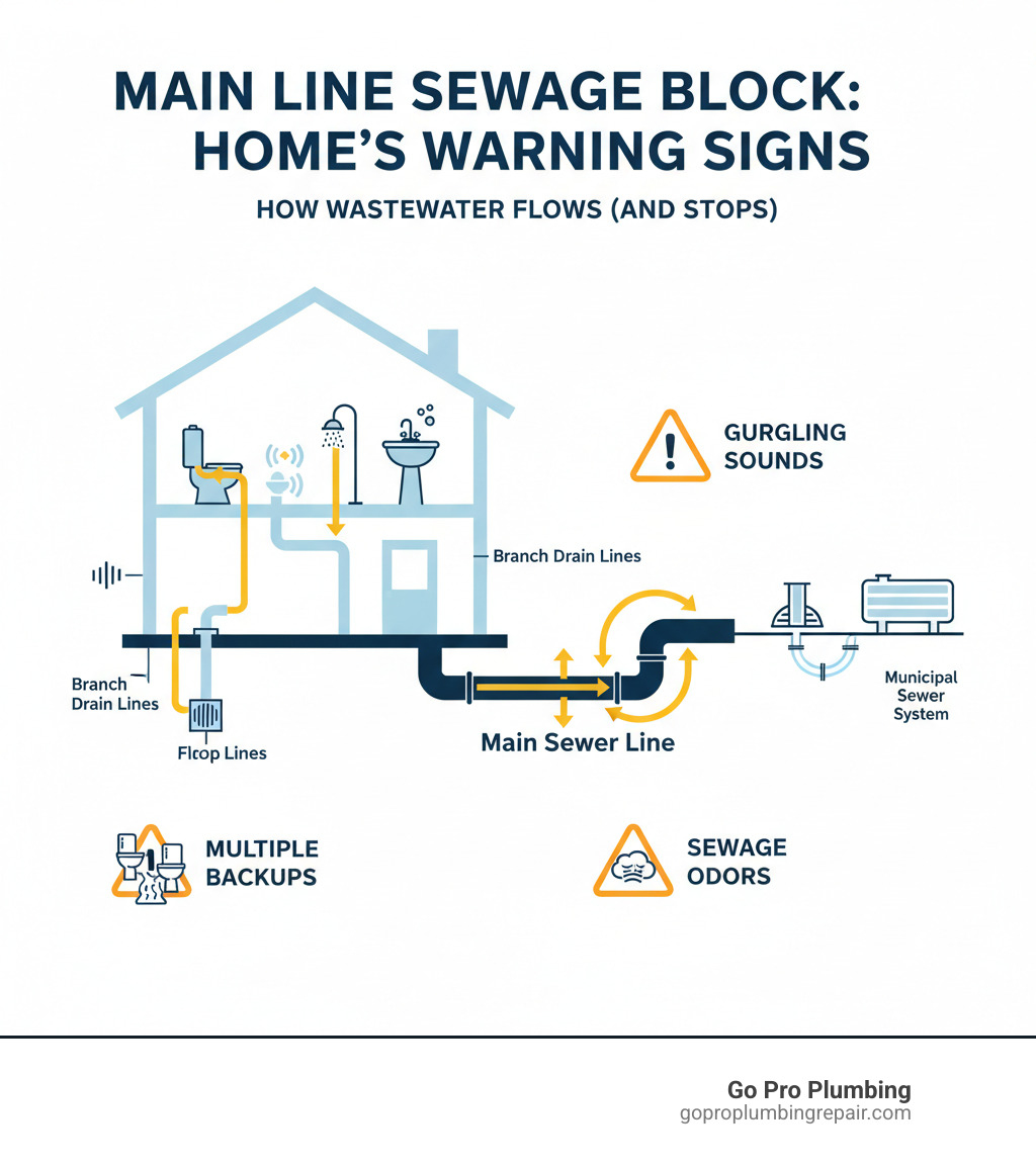 Infographic showing a cross-section of a home with the main sewer line highlighted, branch drain lines from various fixtures (toilet, sink, shower) connecting to it, and arrows indicating wastewater flow from the house to the municipal sewer system or septic tank, with warning signs icons (multiple backups, gurgling sounds, sewage odors) displayed around problem areas - main line sewage block infographic Infographic showing a cross-section of a home with the main sewer line highlighted, branch drain lines from various fixtures (toilet, sink, shower) connecting to it, and arrows indicating wastewater flow from the house to the municipal sewer system or septic tank, with warning signs icons (multiple backups, gurgling sounds, sewage odors) displayed around problem areas - main line sewage block infographic