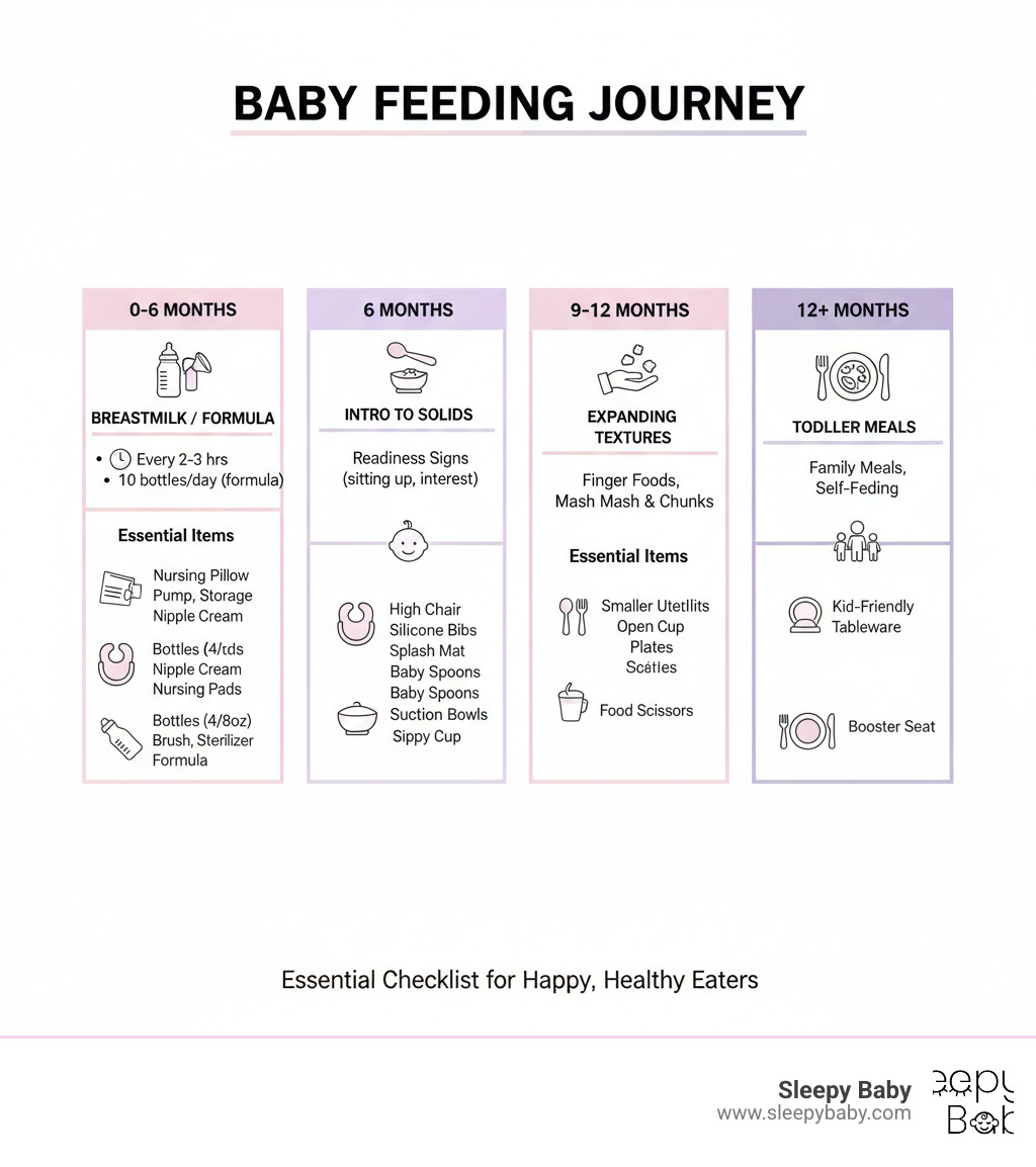 Infographic showing baby feeding timeline from 0-12+ months, including breastfeeding/formula stage (0-6 months), introduction to solids stage (6 months), expanding textures stage (9-12 months), and toddler meals stage (12+ months), with key milestones and essential items for each phase - baby feeding essentials checklist infographic 