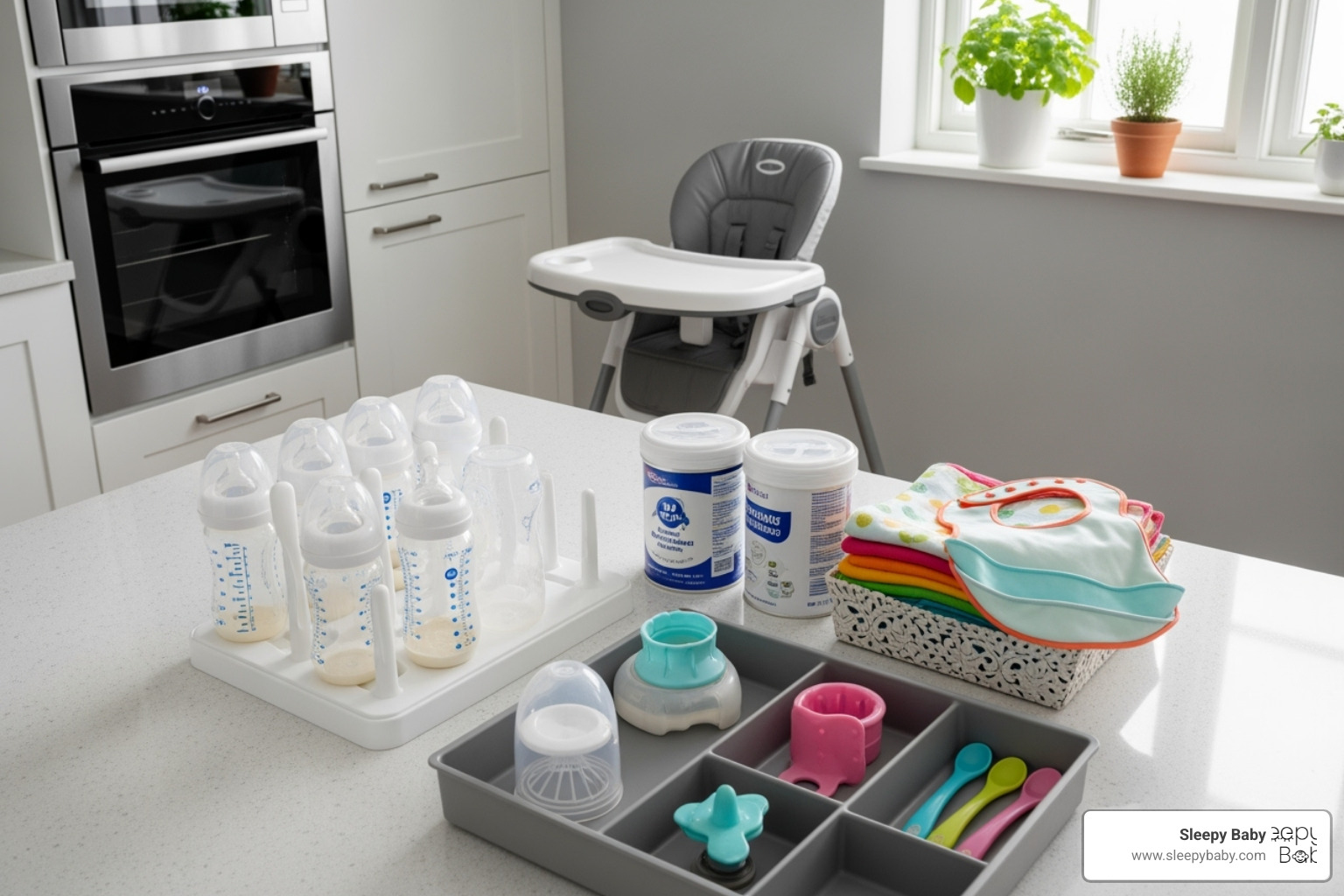 organized feeding station - baby feeding essentials checklist