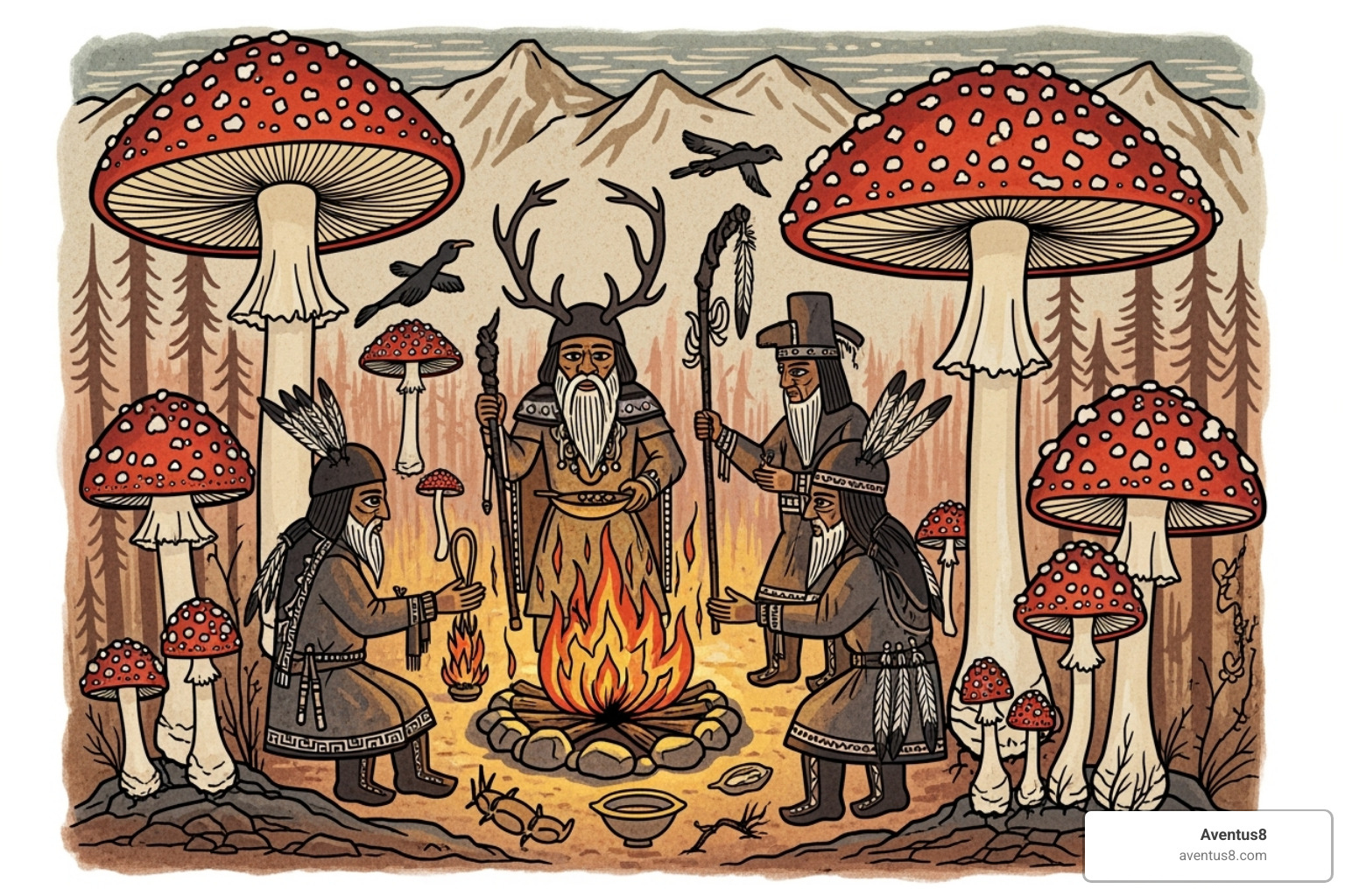 Ancient Siberian art depicting shamans and mushrooms - amanita muscaria effects Ancient Siberian art depicting shamans and mushrooms - amanita muscaria effects