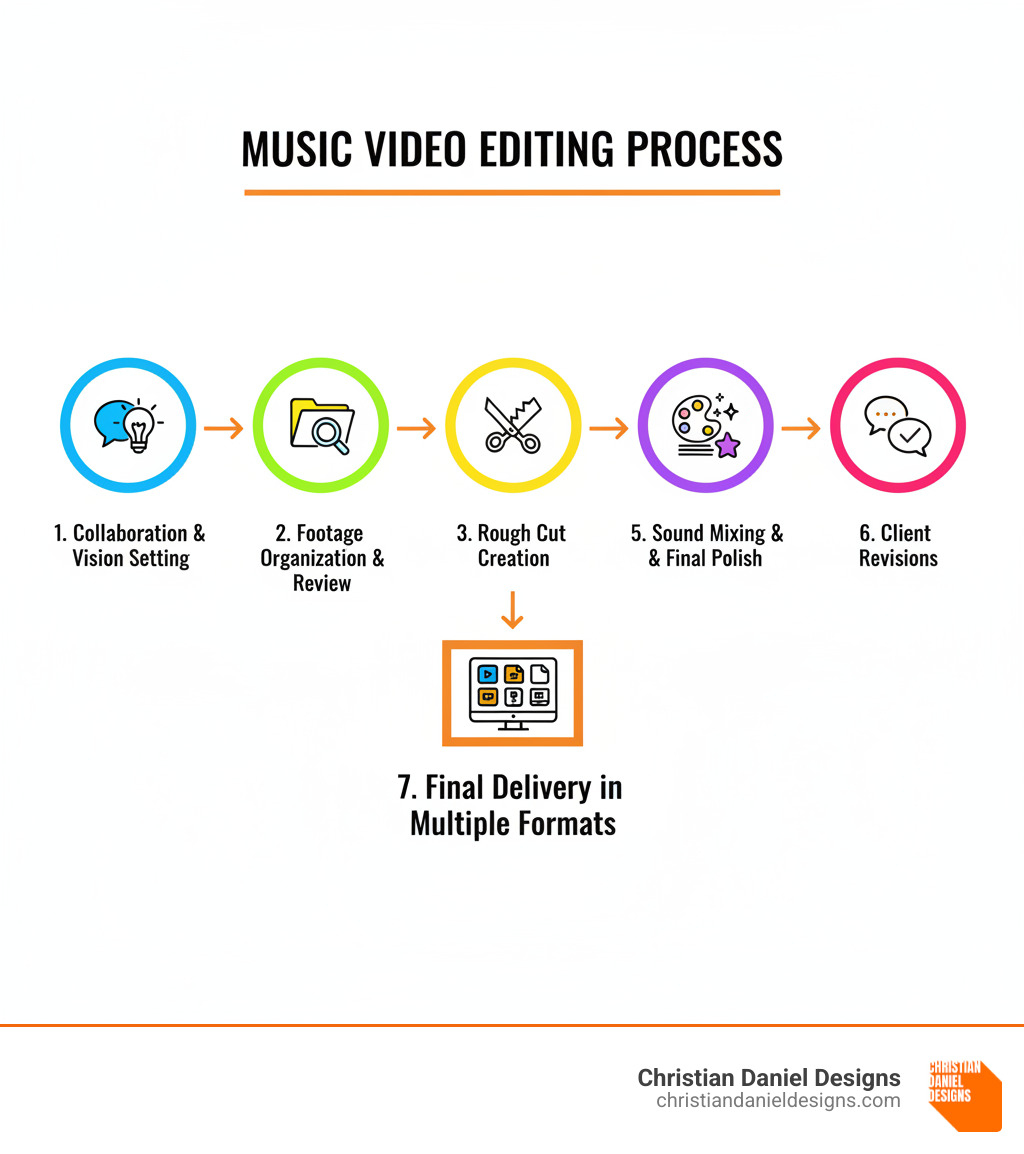Infographic showing the music video editing process: Collaboration and Vision Setting, Footage Organization and Review, Rough Cut Creation, Fine Cut with Effects and Color Grading, Sound Mixing and Final Polish, Client Revisions, and Final Delivery in Multiple Formats - music video editor near me infographic 