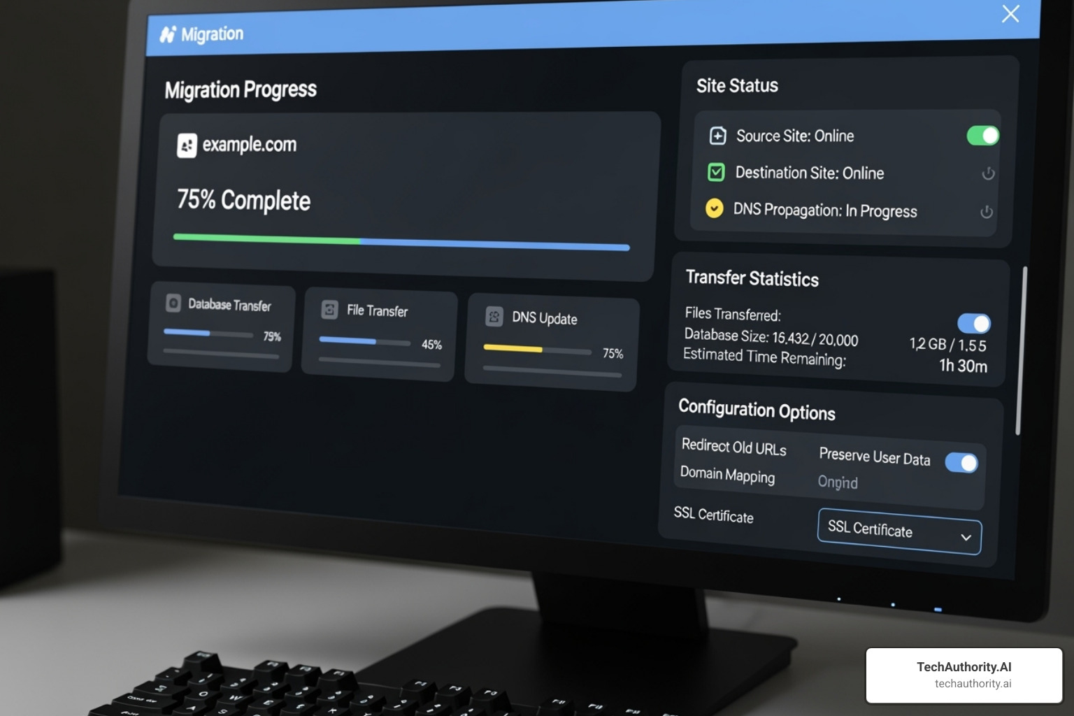 TechAuthority.AI's migration dashboard - WordPress site migration service