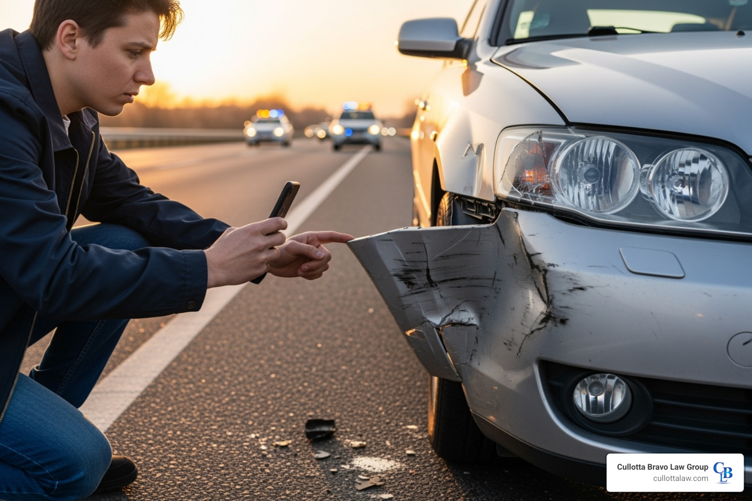 A person using a smartphone to take pictures of car damage after an accident - attorney for car accident