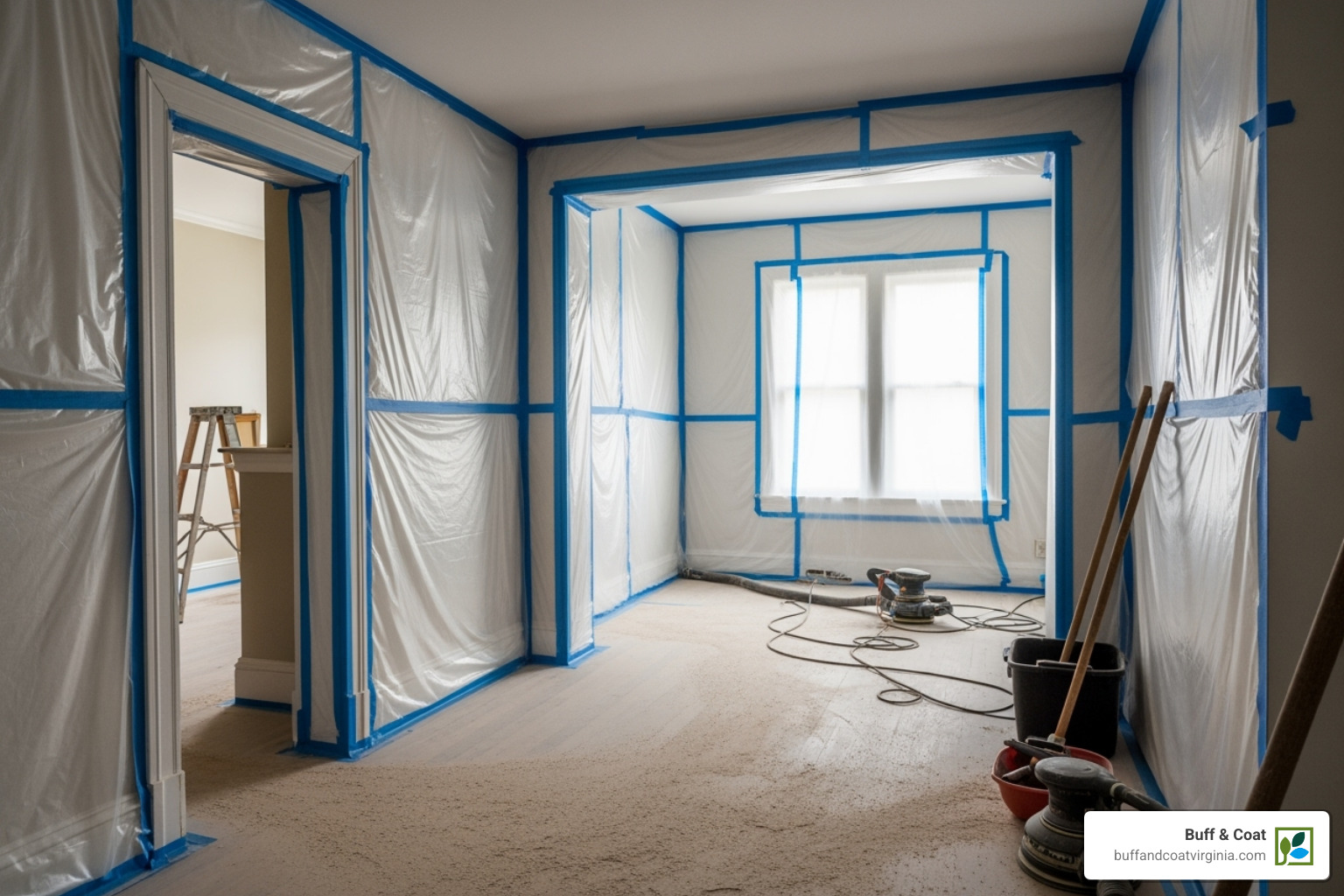room being prepped for floor refinishing, with furniture removed and plastic sheeting on walls - hardwood floor refurbishing room being prepped for floor refinishing, with furniture removed and plastic sheeting on walls - hardwood floor refurbishing