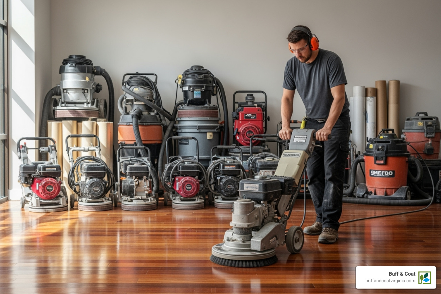 professional using a floor buffer next to a pile of rental equipment - hardwood floor refurbishing professional using a floor buffer next to a pile of rental equipment - hardwood floor refurbishing