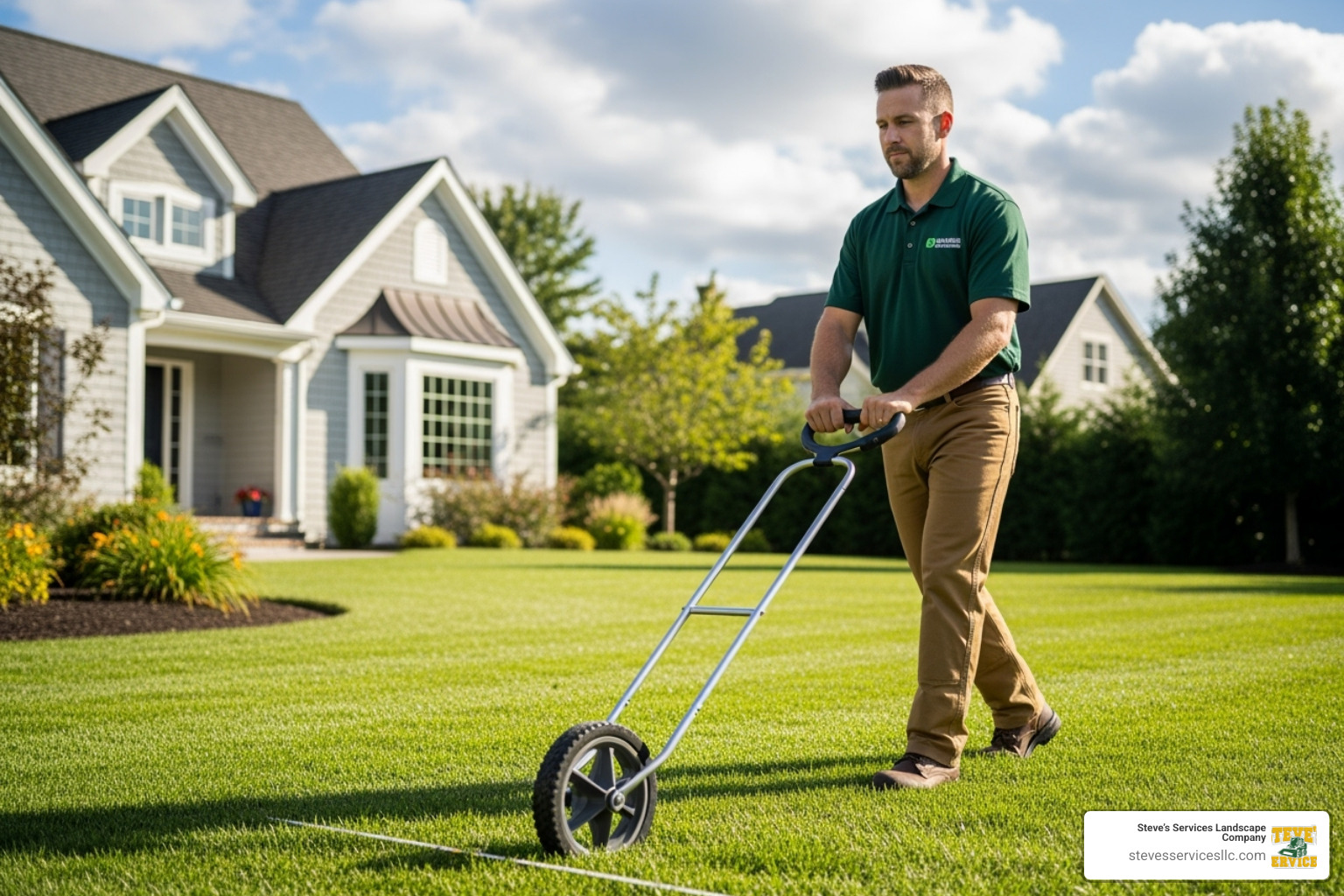 landscaper measuring a lawn area with a measuring wheel - resodding a lawn cost