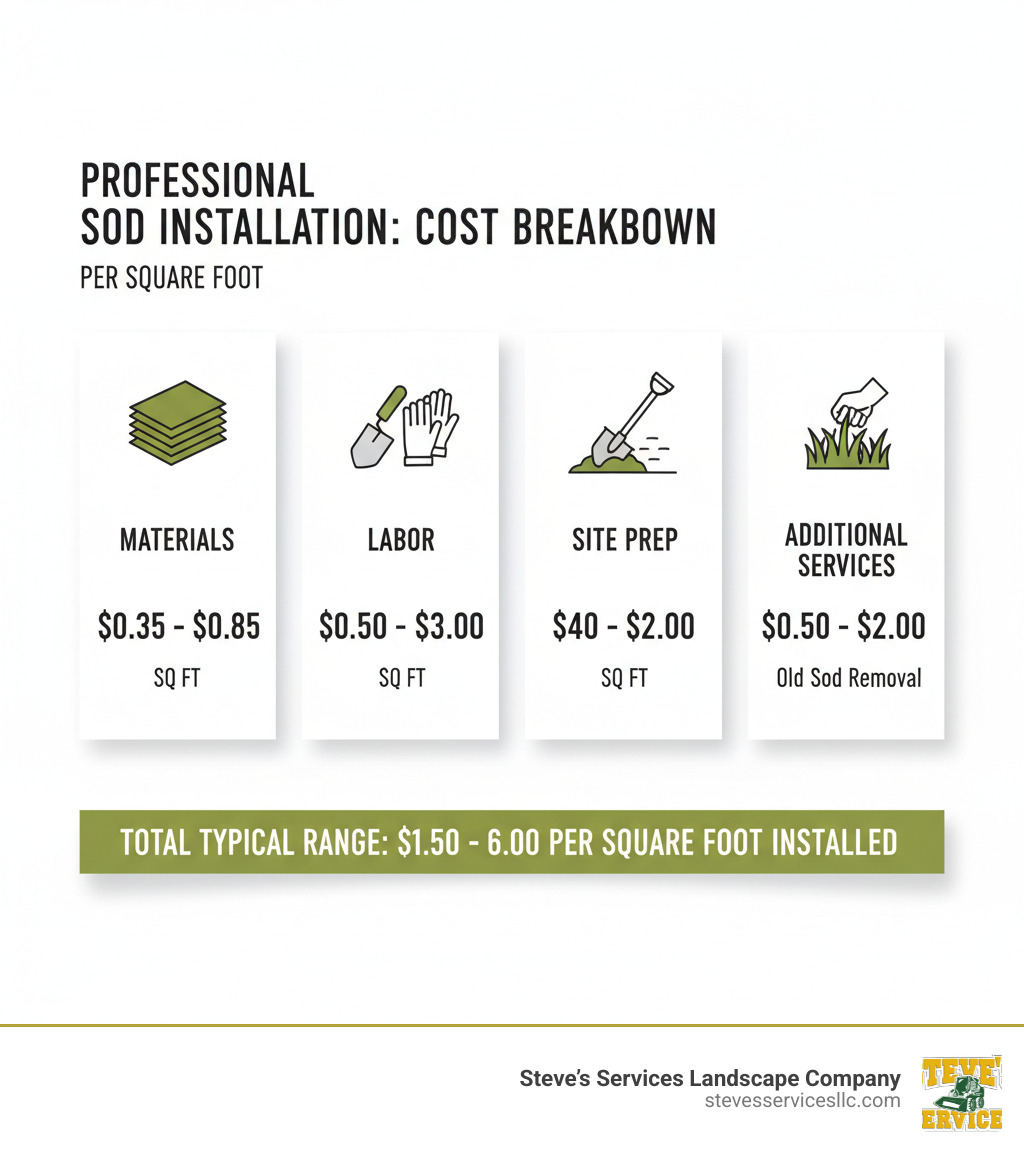 infographic showing cost breakdown of professional sod installation including material costs ranging from $0.35-$0.85 per square foot, labor costs of $0.50-$3.00 per square foot, site preparation costs of $0.40-$2.00 per square foot, and additional services like old sod removal at $0.50-$2.00 per square foot, with total typical range of $1.50-$6.00 per square foot installed - resodding a lawn cost infographic 