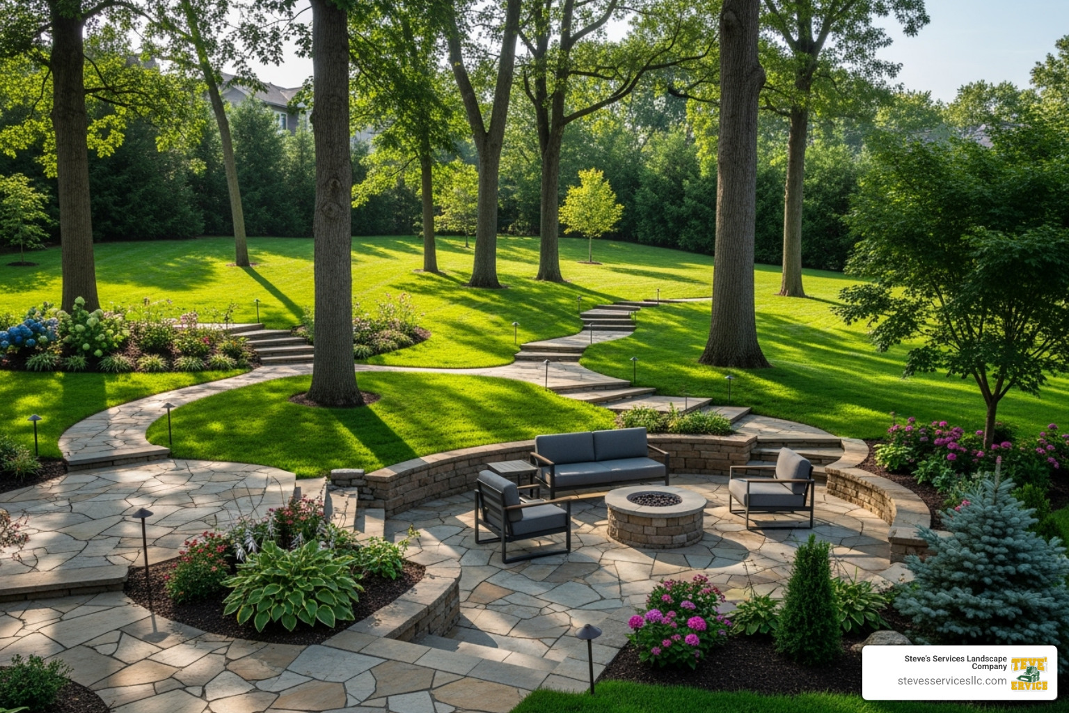 complex lawn with slopes, trees, and hardscaped walkways - resodding a lawn cost