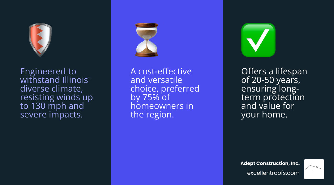 Infographic showing the key benefits of asphalt shingle roofing: 20-50 year lifespan, 75% homeowner preference rate, affordability compared to other materials, weather resistance up to 130 mph winds, variety of styles and colors, Class A fire rating, sound insulation properties, and warranty coverage options - asphalt shingle roofing addison infographic 3_facts_emoji_blue