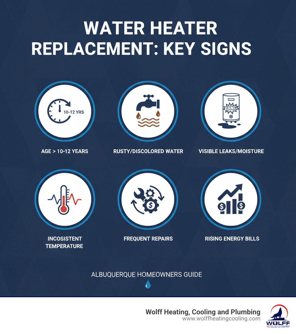 Infographic showing the key signs a water heater needs replacement: age over 10-12 years, rusty or discolored water, strange noises like popping or banging, visible leaks or moisture around the base, inconsistent water temperature, frequent repairs, and rising energy bills - hot water heater replacement albuquerque infographic  Infographic showing the key signs a water heater needs replacement: age over 10-12 years, rusty or discolored water, strange noises like popping or banging, visible leaks or moisture around the base, inconsistent water temperature, frequent repairs, and rising energy bills - hot water heater replacement albuquerque infographic